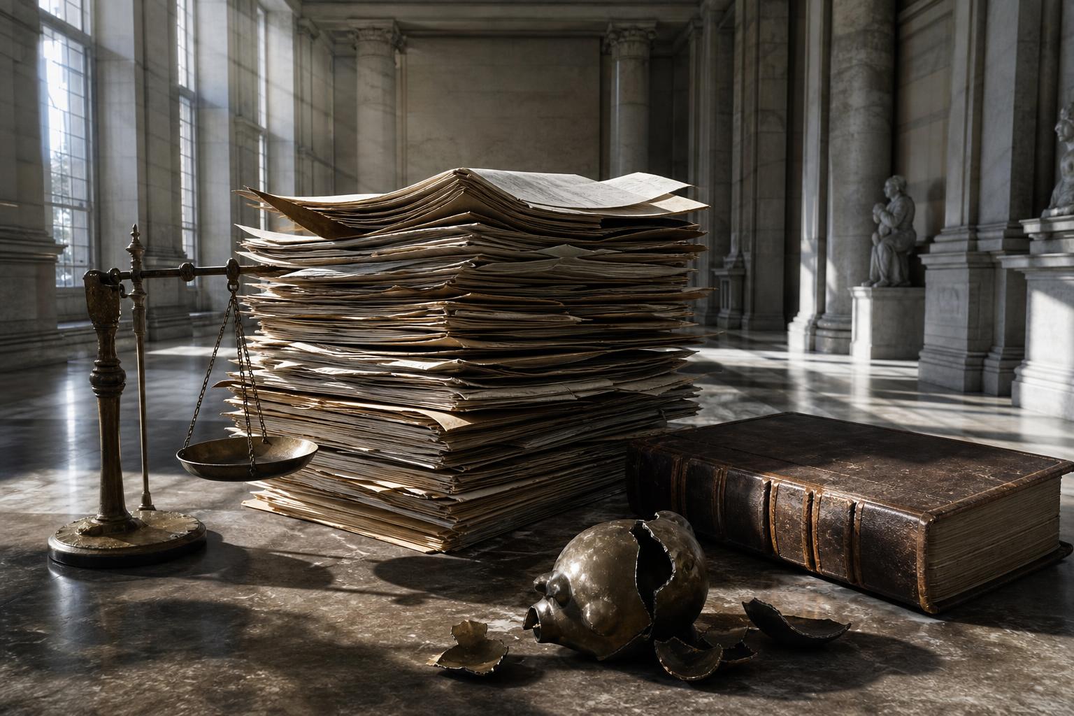 Ein riesiger Stapel vergilbter Finanzberichte in einem marmornen Archiv, mit einer leeren Waage, einem Fiskalbuch und einem