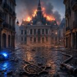Brennendes historisches Rathaus in Limoges bei Dämmerung, umgestürztes Blaulicht und zerbrochene Metalltür am Boden.
