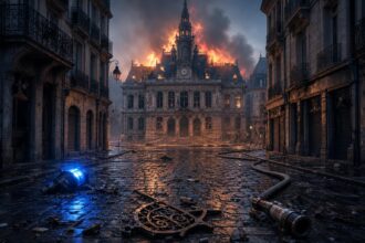 Brennendes historisches Rathaus in Limoges bei Dämmerung, umgestürztes Blaulicht und zerbrochene Metalltür am Boden.