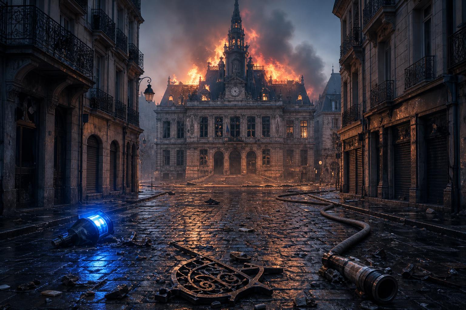 Brennendes historisches Rathaus in Limoges bei Dämmerung, umgestürztes Blaulicht und zerbrochene Metalltür am Boden.