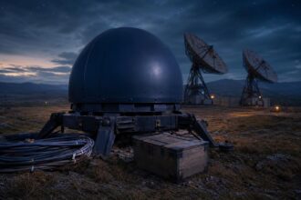 Ein massiver, abgeschirmter Satellitenkommunikations-Terminal mit dunkelblauer Kuppel auf einem abgelegenen Feld, neben ihm