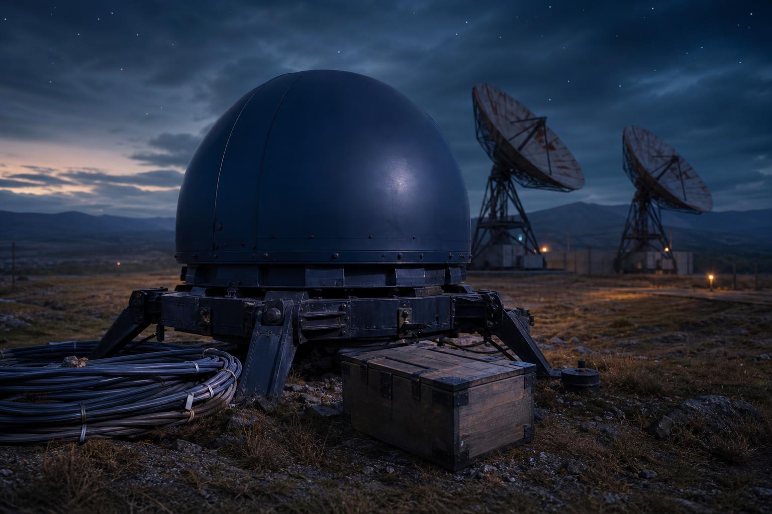 Ein massiver, abgeschirmter Satellitenkommunikations-Terminal mit dunkelblauer Kuppel auf einem abgelegenen Feld, neben ihm