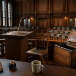 Ein leerer Rednerpult mit vergoldetem Mikrofonschalter, ein hölzerner Stuhl und ein offener Wahlurnenbehälter in einem
