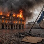 Ein brennendes historisches Rathaus in Frankreich mit dichter Rauchwolke, umgestürzten Absperrgittern und einer zerfetzten
