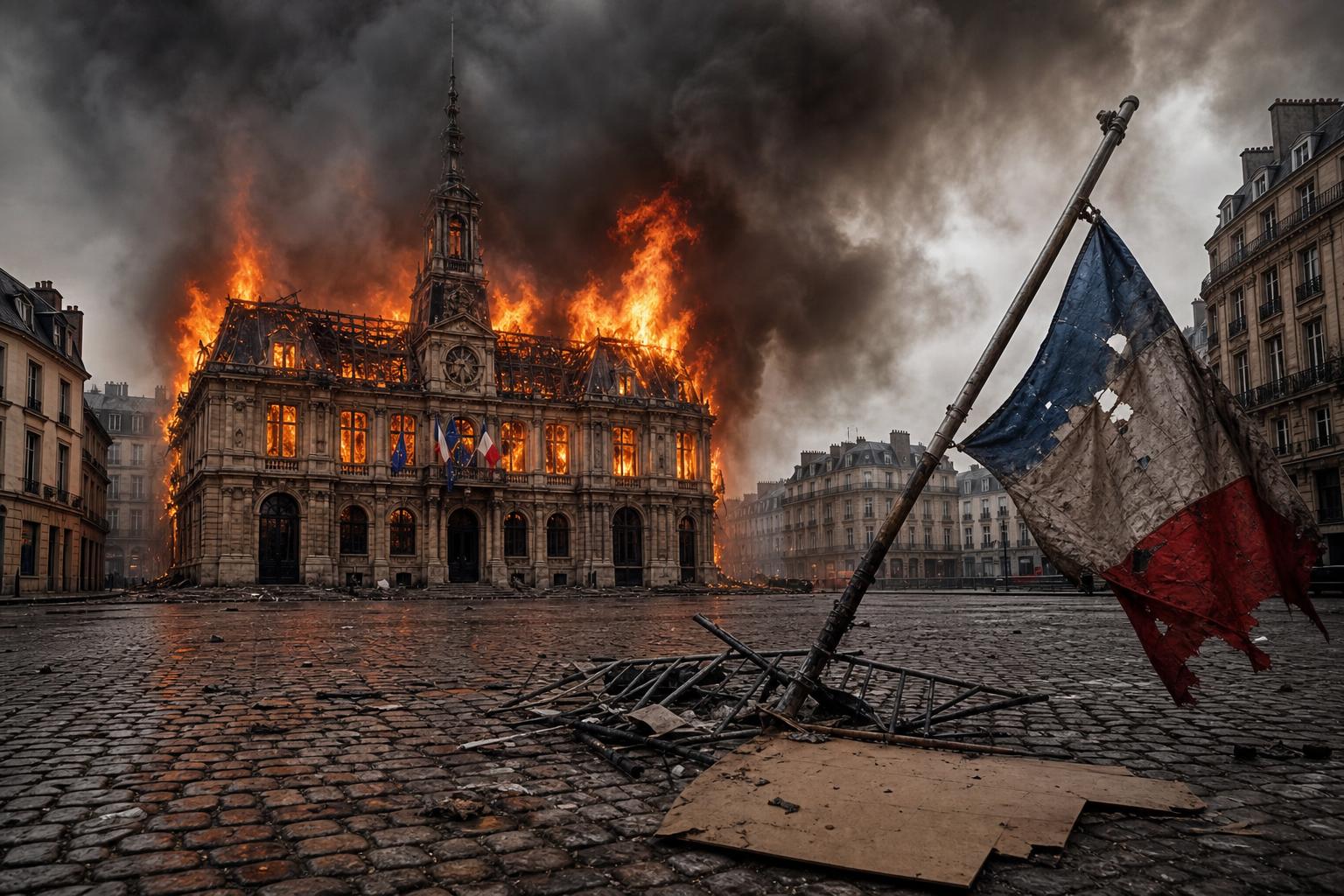 Ein brennendes historisches Rathaus in Frankreich mit dichter Rauchwolke, umgestürzten Absperrgittern und einer zerfetzten
