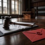 Ein schwerer Eichengavel liegt auf einem offenen Beschlussordner, daneben ein rotes Kuvert mit rotem Wachssiegel auf einem