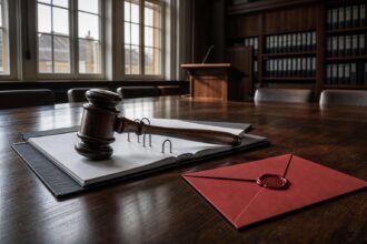 Ein schwerer Eichengavel liegt auf einem offenen Beschlussordner, daneben ein rotes Kuvert mit rotem Wachssiegel auf einem