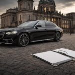 Eine schwarze Luxuslimousine steht vor einem historischen Gebäude, daneben liegen ein leeres Vertragsdokument und ein