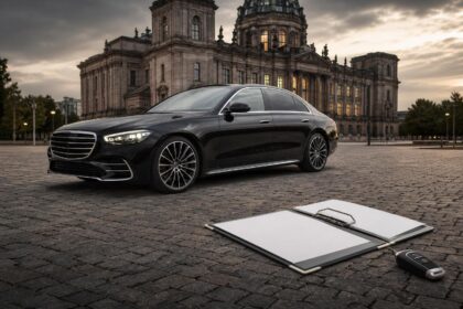 Eine schwarze Luxuslimousine steht vor einem historischen Gebäude, daneben liegen ein leeres Vertragsdokument und ein