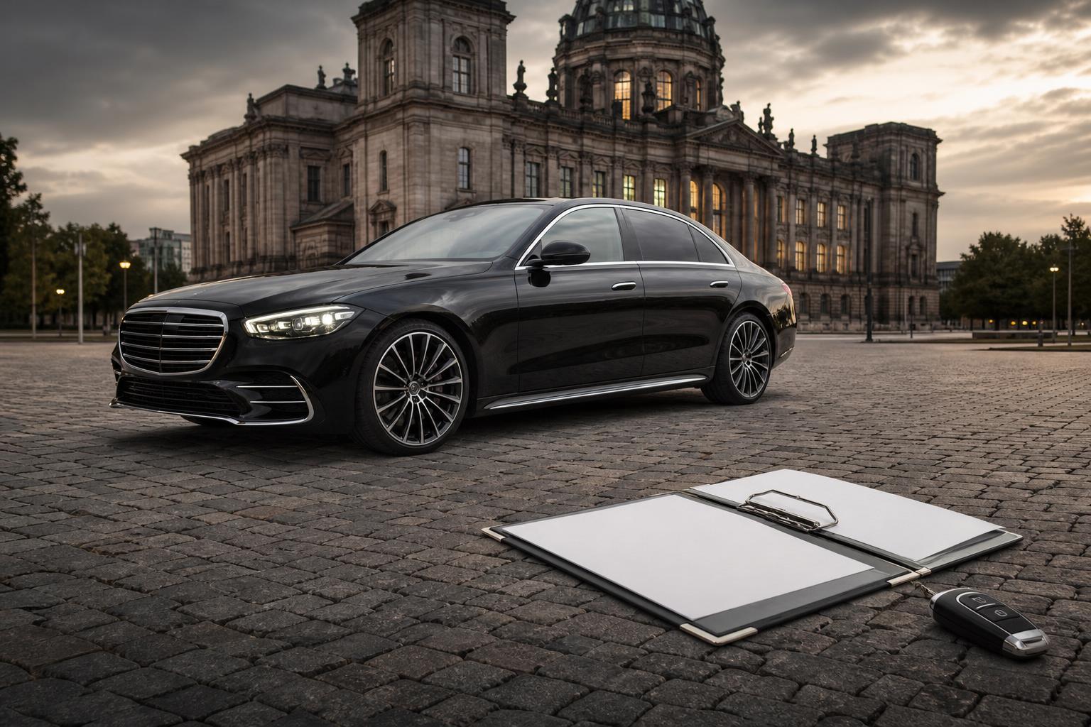 Eine schwarze Luxuslimousine steht vor einem historischen Gebäude, daneben liegen ein leeres Vertragsdokument und ein