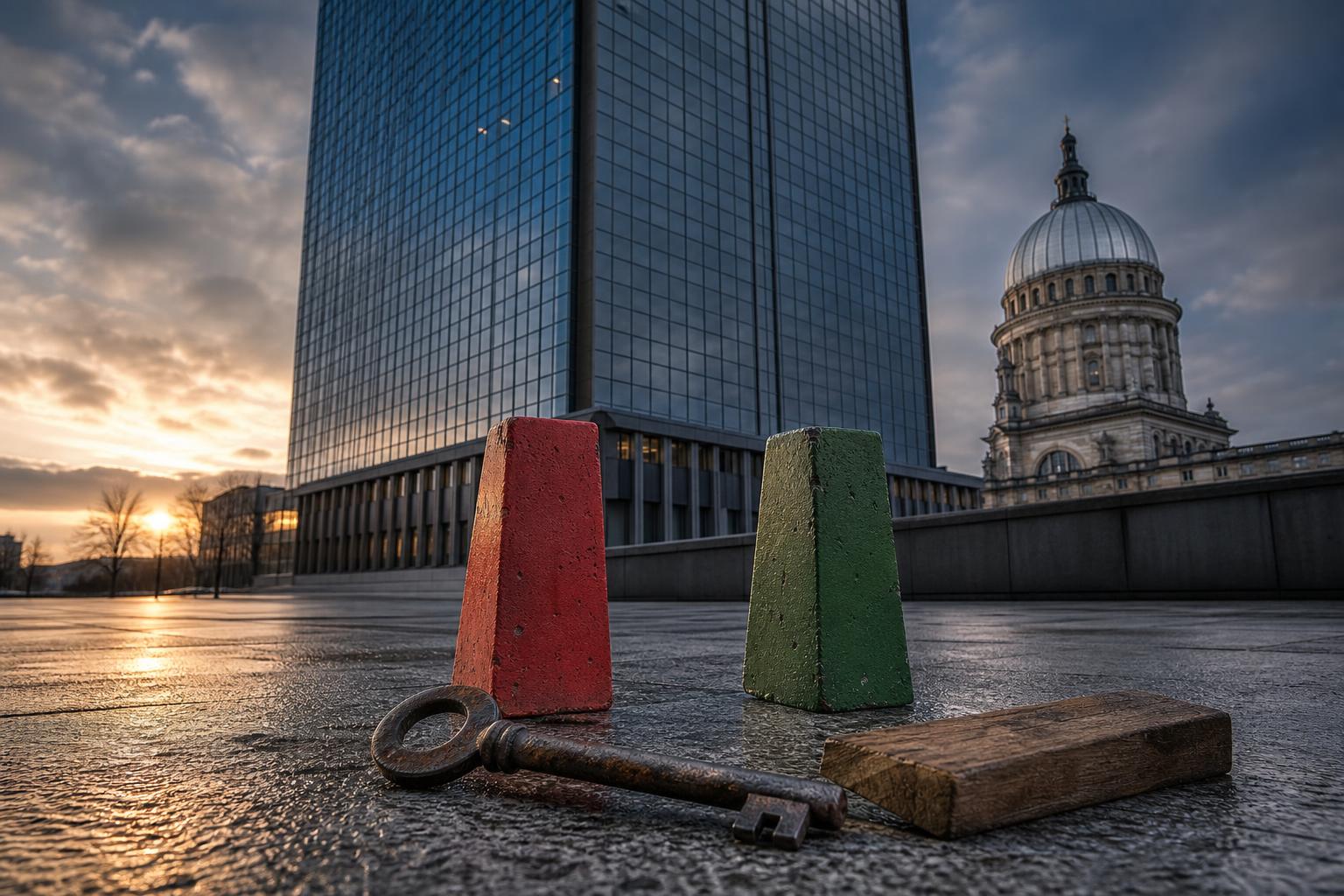 Ein Hochhaus spiegelt den Himmel, dahinter eine Kuppel. Vor dem Gebäude liegen ein Schlüssel, rote und grüne Betonblöcke und