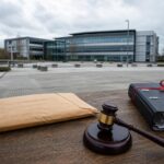 Ein Richterhammer, ein Aktenordner mit roter Schleife und ein brauner Umschlag liegen auf einem Holztisch vor einem modernen