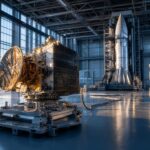 Ein fertiggestellter Satellit liegt auf einer Montageplattform in einer Fertigungshalle neben einer Rakete.