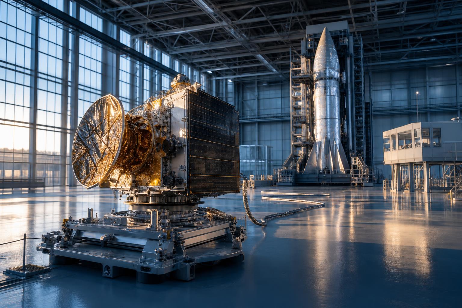 Ein fertiggestellter Satellit liegt auf einer Montageplattform in einer Fertigungshalle neben einer Rakete.