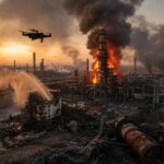Eine Raffinerie in Flammen mit dichten Rauchwolken, einem zerstörten Tank und einem Drohnenschatten bei Sonnenuntergang.