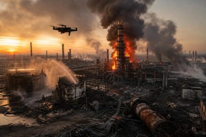 Eine Raffinerie in Flammen mit dichten Rauchwolken, einem zerstörten Tank und einem Drohnenschatten bei Sonnenuntergang.