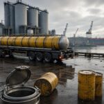 Ein Diesel-LKW mit gelben Tanks steht auf einem nassen Hafenterminal neben gelben Fässern und Silos unter grauem Himmel.