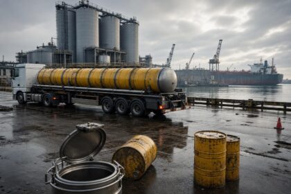 Ein Diesel-LKW mit gelben Tanks steht auf einem nassen Hafenterminal neben gelben Fässern und Silos unter grauem Himmel.