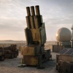 Ein Freyja-Luftverteidigungsschützer mit Raketenrohren steht neben einem Radarkuppel und einer solarbetriebenen