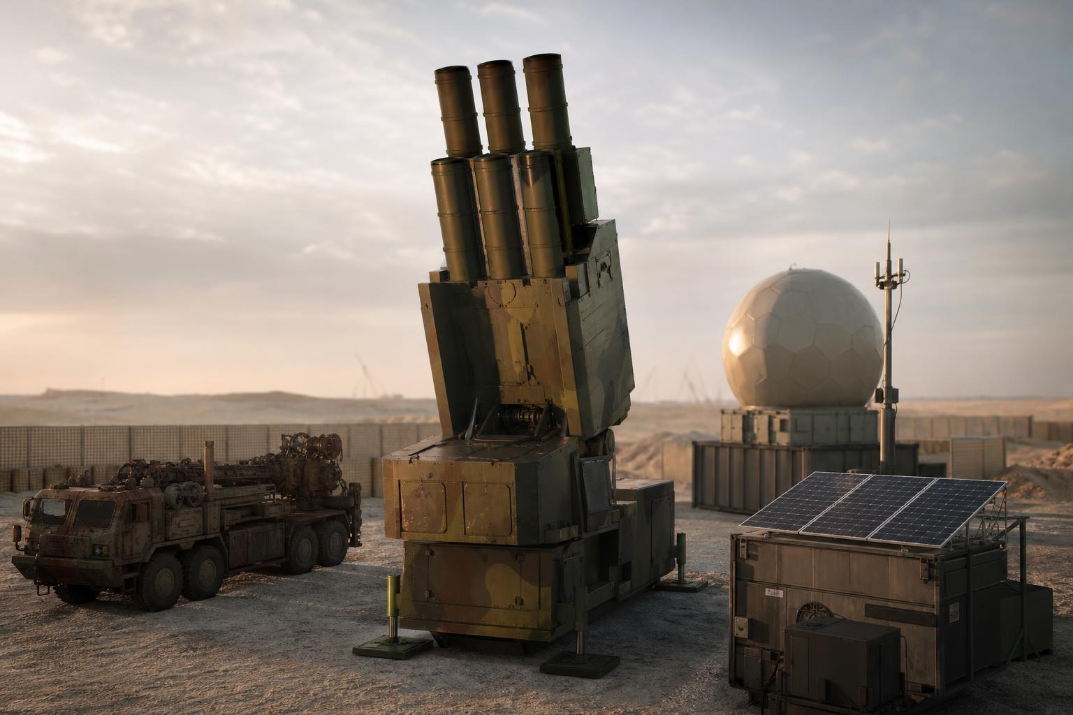Ein Freyja-Luftverteidigungsschützer mit Raketenrohren steht neben einem Radarkuppel und einer solarbetriebenen