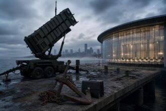 Ein Patriot-PAC-3-Raketensystem steht auf einem Stahlpier am Schwarzen Meer, neben einem verrosteten Anker und einem