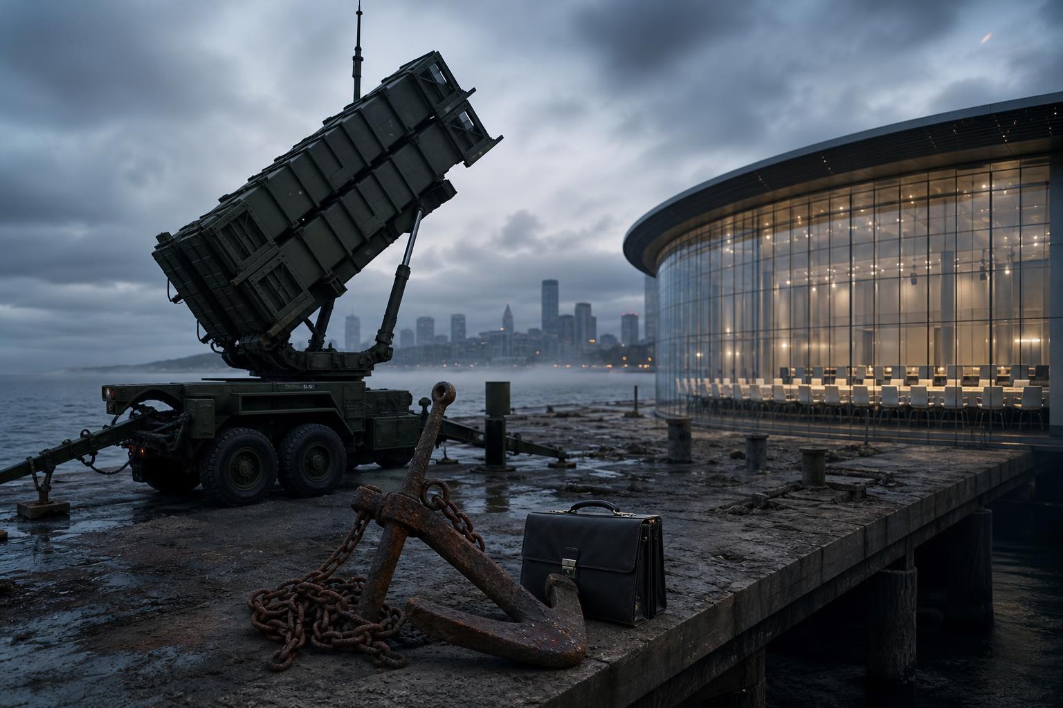 Ein Patriot-PAC-3-Raketensystem steht auf einem Stahlpier am Schwarzen Meer, neben einem verrosteten Anker und einem