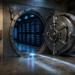 Ein massiver Tresor mit geöffnetem Rundportal zeigt Server-Racks mit blauem Licht in einem unterirdischen Raum aus Beton.