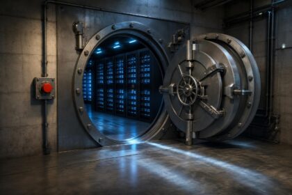 Ein massiver Tresor mit geöffnetem Rundportal zeigt Server-Racks mit blauem Licht in einem unterirdischen Raum aus Beton.