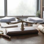 Eine mechanische Waage mit Stapeln von leeren Stimmzetteln auf transparenten Schalen steht auf einem Schreibtisch mit einer