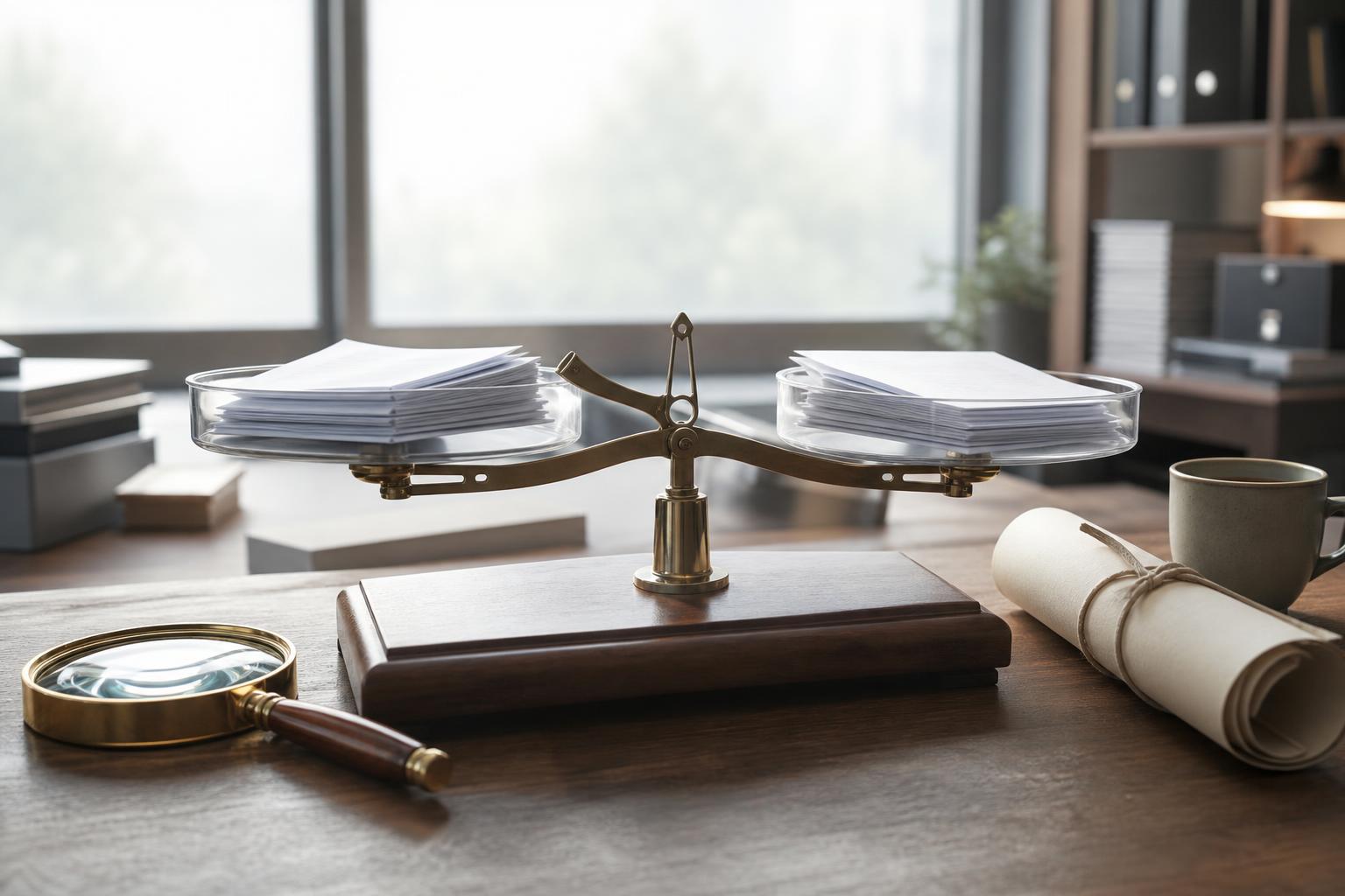 Eine mechanische Waage mit Stapeln von leeren Stimmzetteln auf transparenten Schalen steht auf einem Schreibtisch mit einer