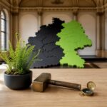 Ein moderner Holztisch mit einem grünen Farn, einem Messingschlaghammer und einem Kompass vor einer Karte Deutschlands mit