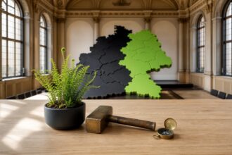 Ein moderner Holztisch mit einem grünen Farn, einem Messingschlaghammer und einem Kompass vor einer Karte Deutschlands mit