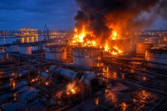Ein brennendes Ölterminal mit Flammen und Rauch, beleuchtete Kräne im Hintergrund und zerstörte Lagertanks.