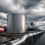 Ein großer Diesel-Speichertank steht in einem US-Hafen neben roten und weißen Metallcontainern und einer Ölpipeline, die ins
