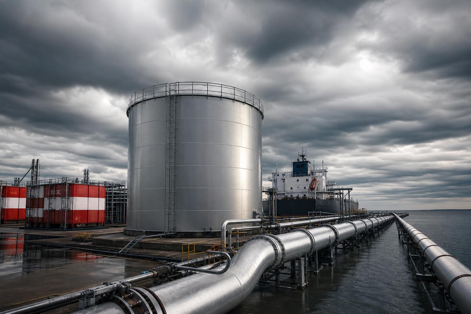 Ein großer Diesel-Speichertank steht in einem US-Hafen neben roten und weißen Metallcontainern und einer Ölpipeline, die ins