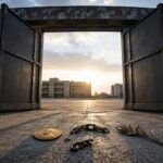 Weit geöffnete Stahltore eines Militärkomplexes mit Friedensmedaillon, zerbrochener Kette und Olivenzweig am Boden vor