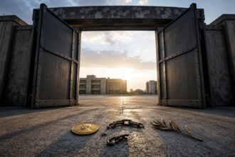 Weit geöffnete Stahltore eines Militärkomplexes mit Friedensmedaillon, zerbrochener Kette und Olivenzweig am Boden vor
