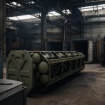 Eine große Raketenplattform mit mehreren Patronen liegt in einer düsteren Logistikhalle neben leeren Containern und einem