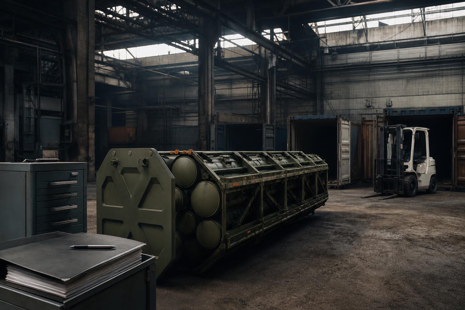 Eine große Raketenplattform mit mehreren Patronen liegt in einer düsteren Logistikhalle neben leeren Containern und einem