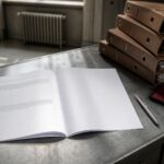 Ein aufgeschlagenes, leeres Prüfungsheft liegt auf einem Metallschreibtisch neben Aktenordnern, einem Kugelschreiber und