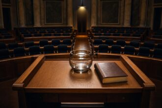 Ein leerer Plenarsaal mit dunklen Samtstühlen, einem hölzernen Rednerpult, einem Glasabstimmungsbehältnis und einem Wahlbuch.