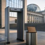 Ein Metalldetektor steht vor dem Deutschen Bundestag in Berlin, neben einem transparenten Durchschlag-Tablett und einem
