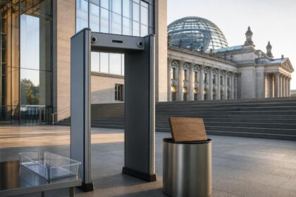 Ein Metalldetektor steht vor dem Deutschen Bundestag in Berlin, neben einem transparenten Durchschlag-Tablett und einem