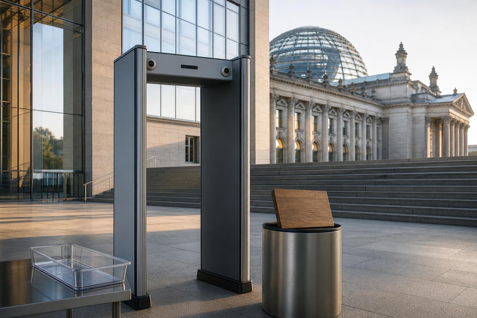 Ein Metalldetektor steht vor dem Deutschen Bundestag in Berlin, neben einem transparenten Durchschlag-Tablett und einem