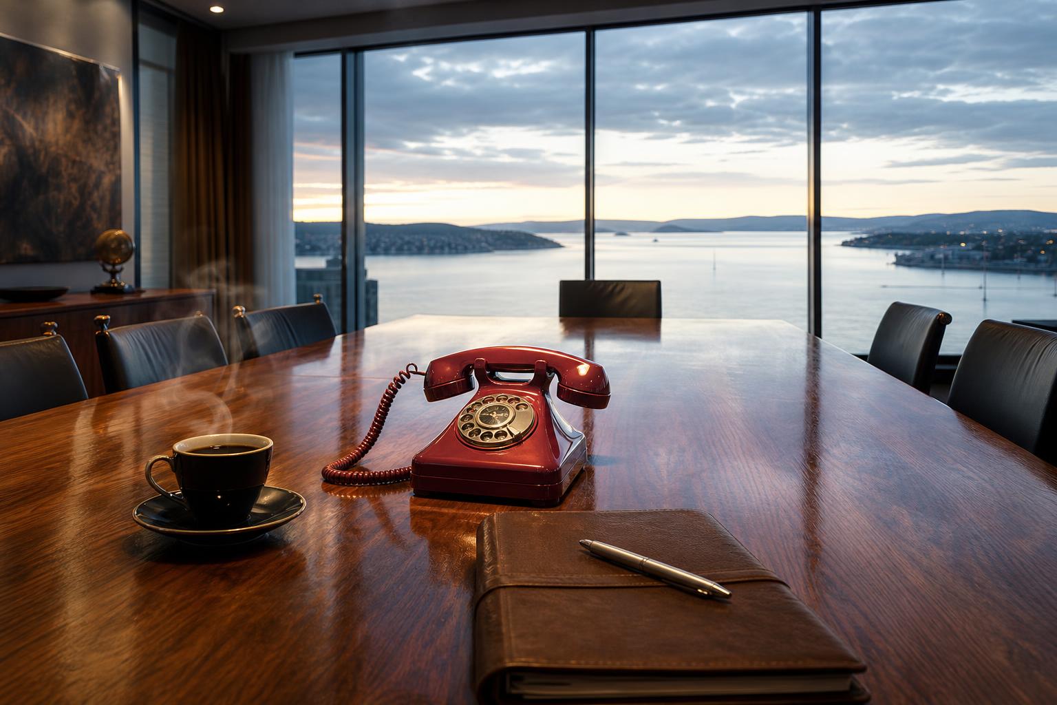 Ein rotes Vintage-Telefon liegt auf einem glänzenden Holztisch mit einer dampfenden Tasse Kaffee, einem Notizbuch und einem