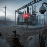 Ein Transformator mit rotem Alarmlicht auf einer nebligen Industriebrache neben einer Bahnstrecke, umgeben von zerbrochenen