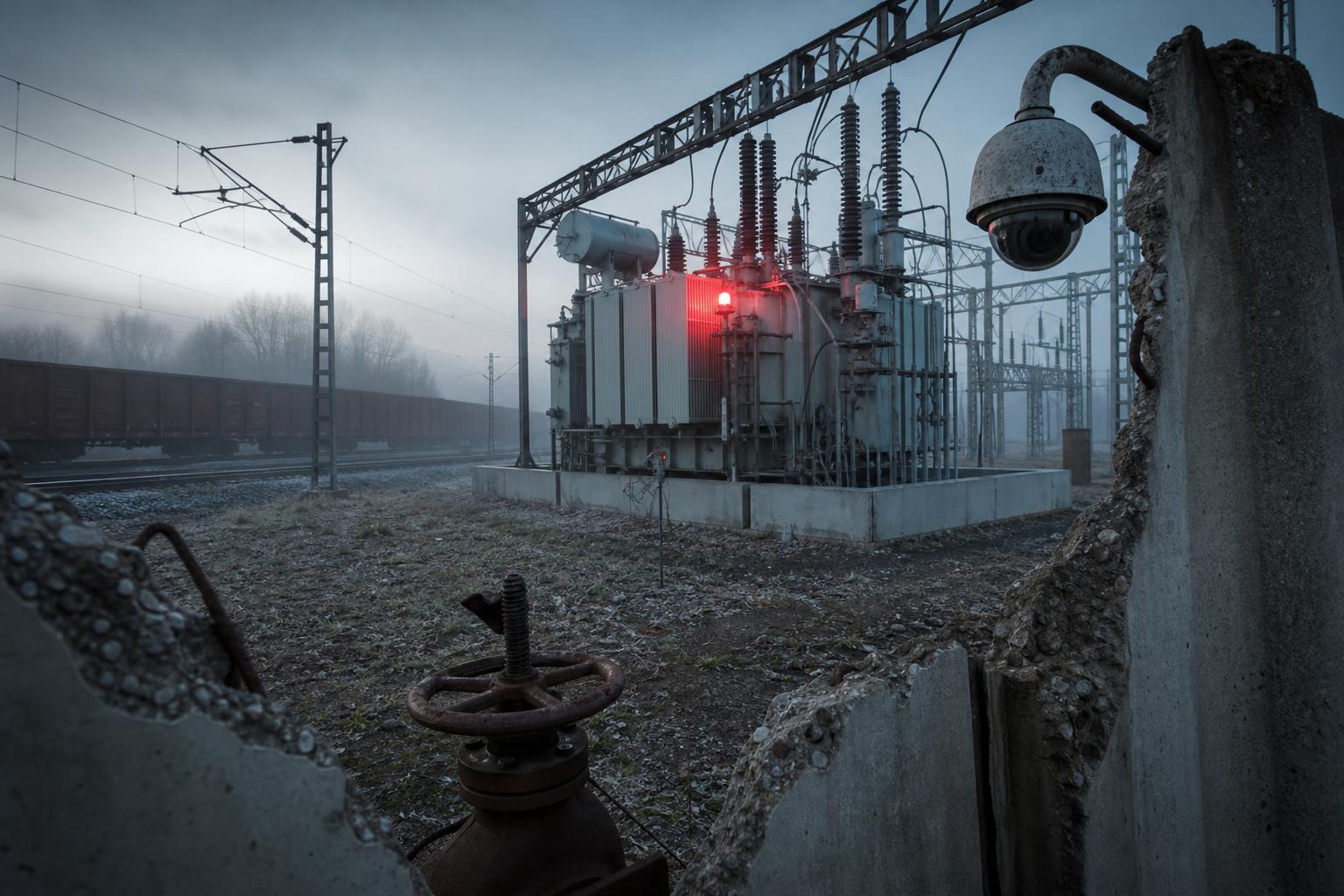 Ein Transformator mit rotem Alarmlicht auf einer nebligen Industriebrache neben einer Bahnstrecke, umgeben von zerbrochenen