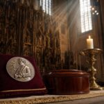 Silberne Medaille auf rotem Samtkissen in einer gotischen Basilika mit Kerze und Holzbehälter.