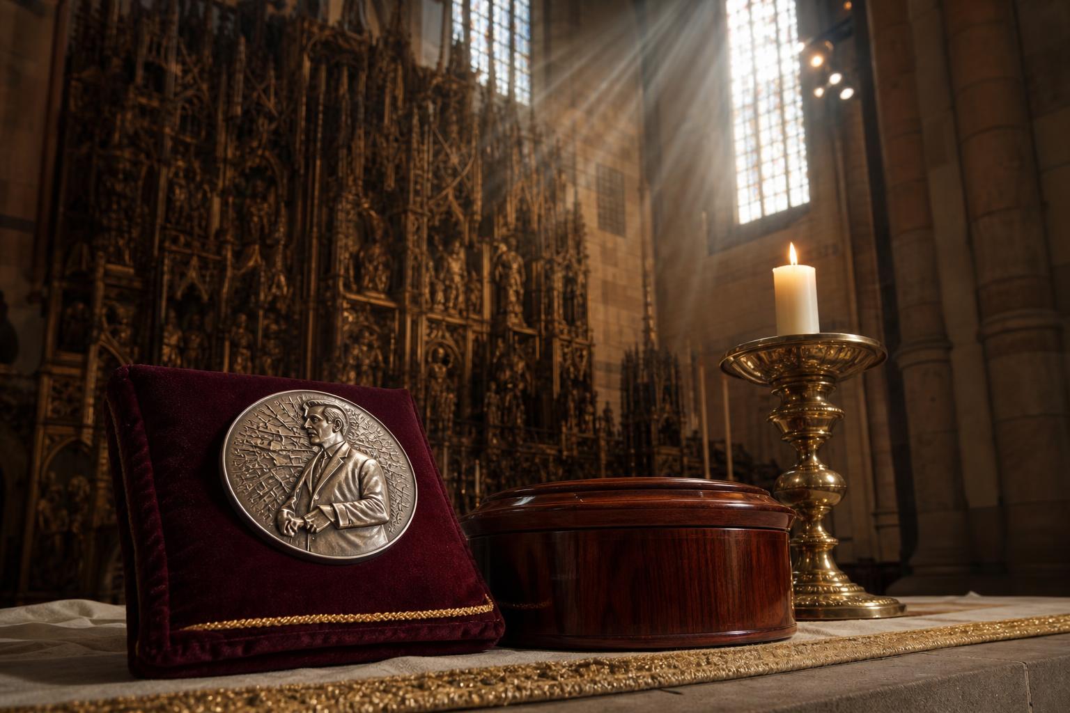 Silberne Medaille auf rotem Samtkissen in einer gotischen Basilika mit Kerze und Holzbehälter.