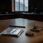 Ein leerer Gerichtssaal mit einem massiven Eichentisch, darauf liegen ein versiegelter Beweissack, ein Richterhammer aus